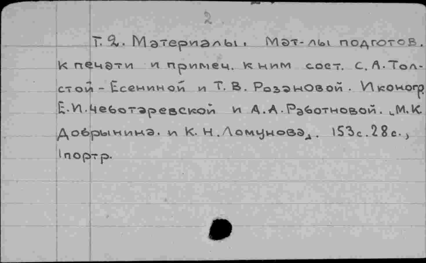 ﻿Tâ,. Ma'epua^bit Мэ'-лы по^готов,
K ne4Q-vi и. примем. К цим с.оет. С. A-Тол
стой - Есениной и Т*. В. Ро1Э1чОвой . V\vcO4orp îi-Vl.4efe<3T-apeac.vcov, и А.А•Работноаой. иМ.К.
Добрыv-iui*аэ . и К- Н . AomvJwo®34 . 15Ъс . 2 8 с - )
1портр.